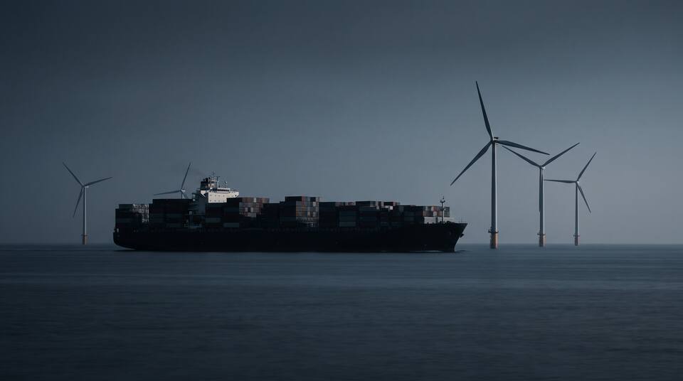 A container ship passing offshore wind turbines at dusk